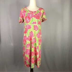 Lilly Pulitzer sheath dress floral pink green jersey knit casual short sleeve S